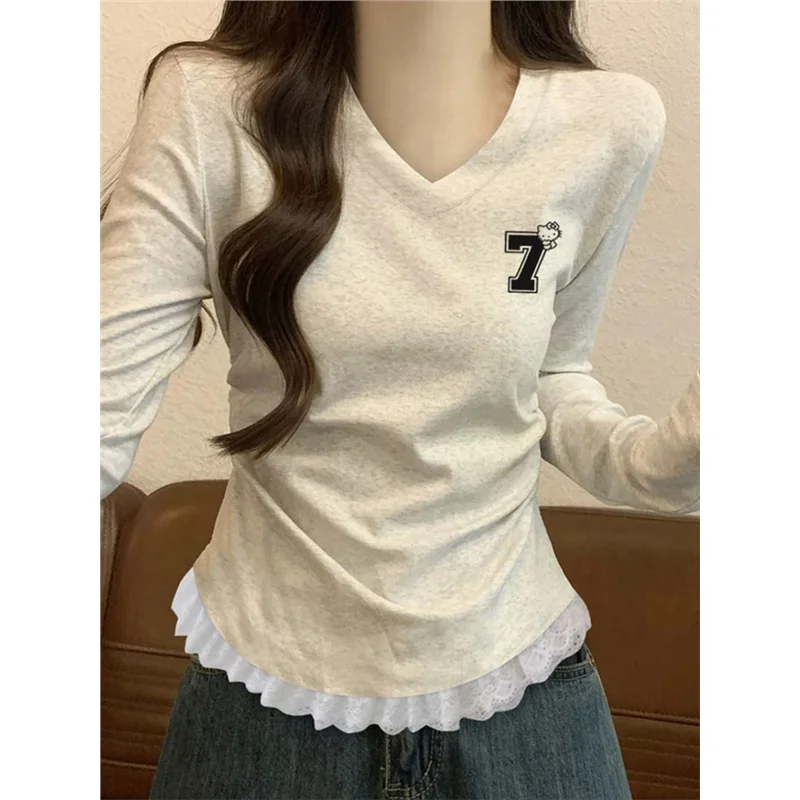

Korean Sle V-Ne Waist-Cut Slim Fit Long Sve T-irt Women's Early Autumn New Faion Unique Beautifully Designed Top
