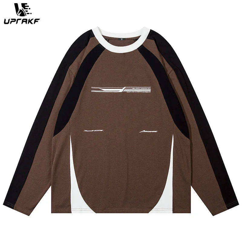 

UPRAKF Streetwear Patchwork Hoodie Oversize Fashion Casual Pullover Autumn Crew Neck Long Sleeve American Style Contrast Paneled