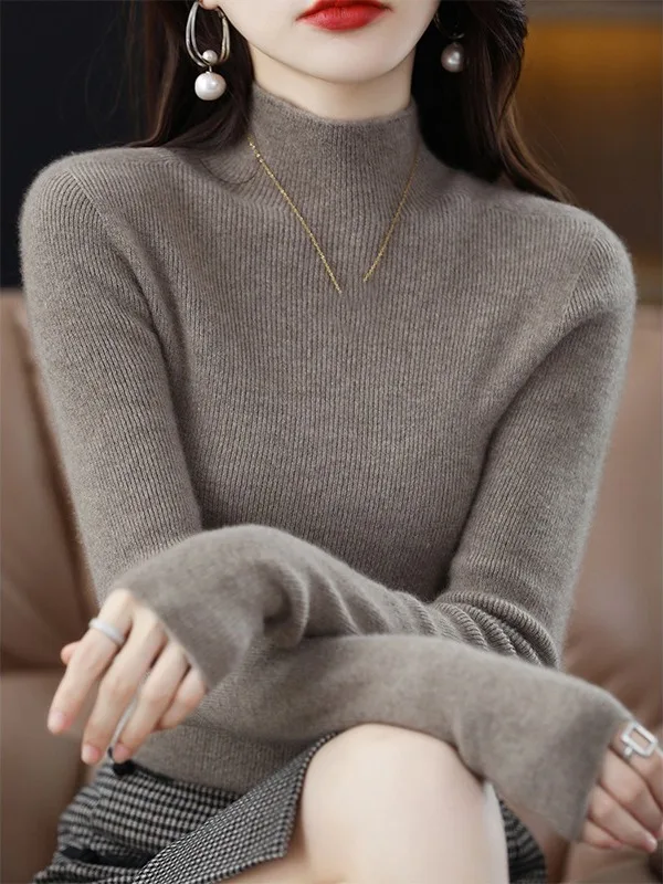 

Women's Slim Fit Knitted Wool Sweater f High Collar Base irt Casual Sle Soft Warm Length Regular Color Knitwear