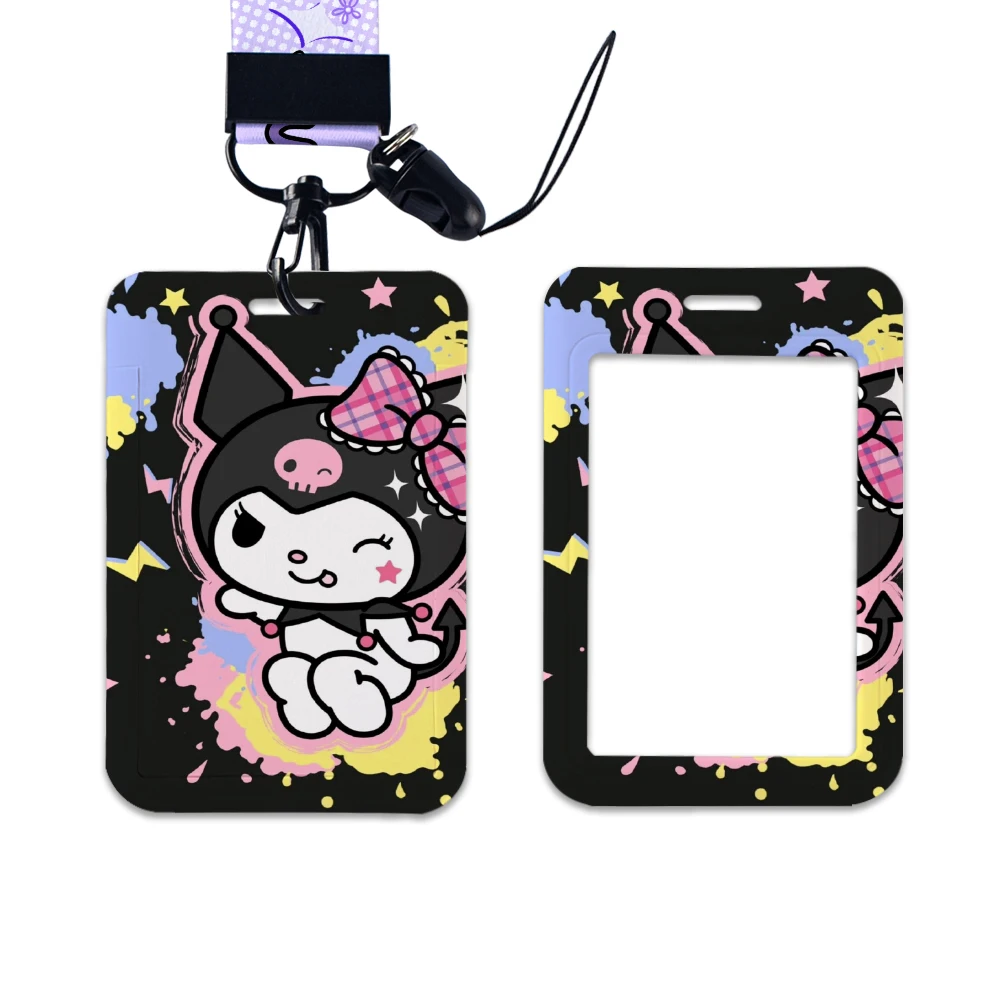 W tempat kartu kerja, lencana nama izin kerja dengan gantungan kunci Sanrio Kuromi pak kartu Id siswa Lanyard pemegang dompet