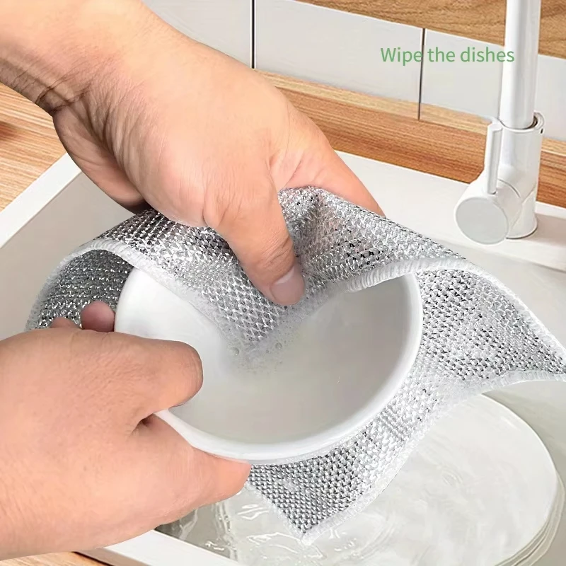 3/5/10pcs Magic Dishcloth Silver Wire Cleaning Kitchen Cloth Thickened Microfiber Wash Towel Built-in Sponge Steel Wire Ball Rag