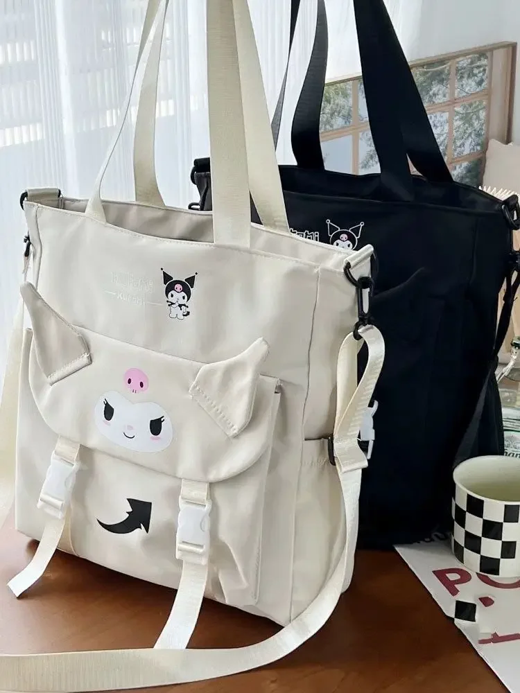 Sanrio Cartoon Cute Kuromi Shoulder Crossbody Tote Bag High School and College Student Canvas Bag for Class TuitionBag waterprof