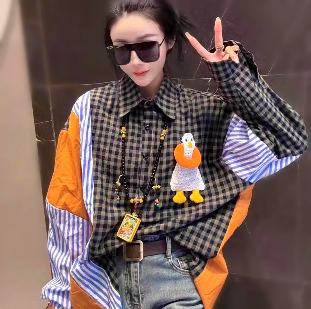 

High Street Women Long Sleeve Shirt Cotton Plaid Stripped Spliced Patchwork Cartoon Blouses Blusas Feminina Loose Shirts NZ35