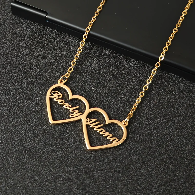 Customized stainless steel nameplate bracelet necklace set, cute heart, two names bracelet necklace jewelry set, personalized gi