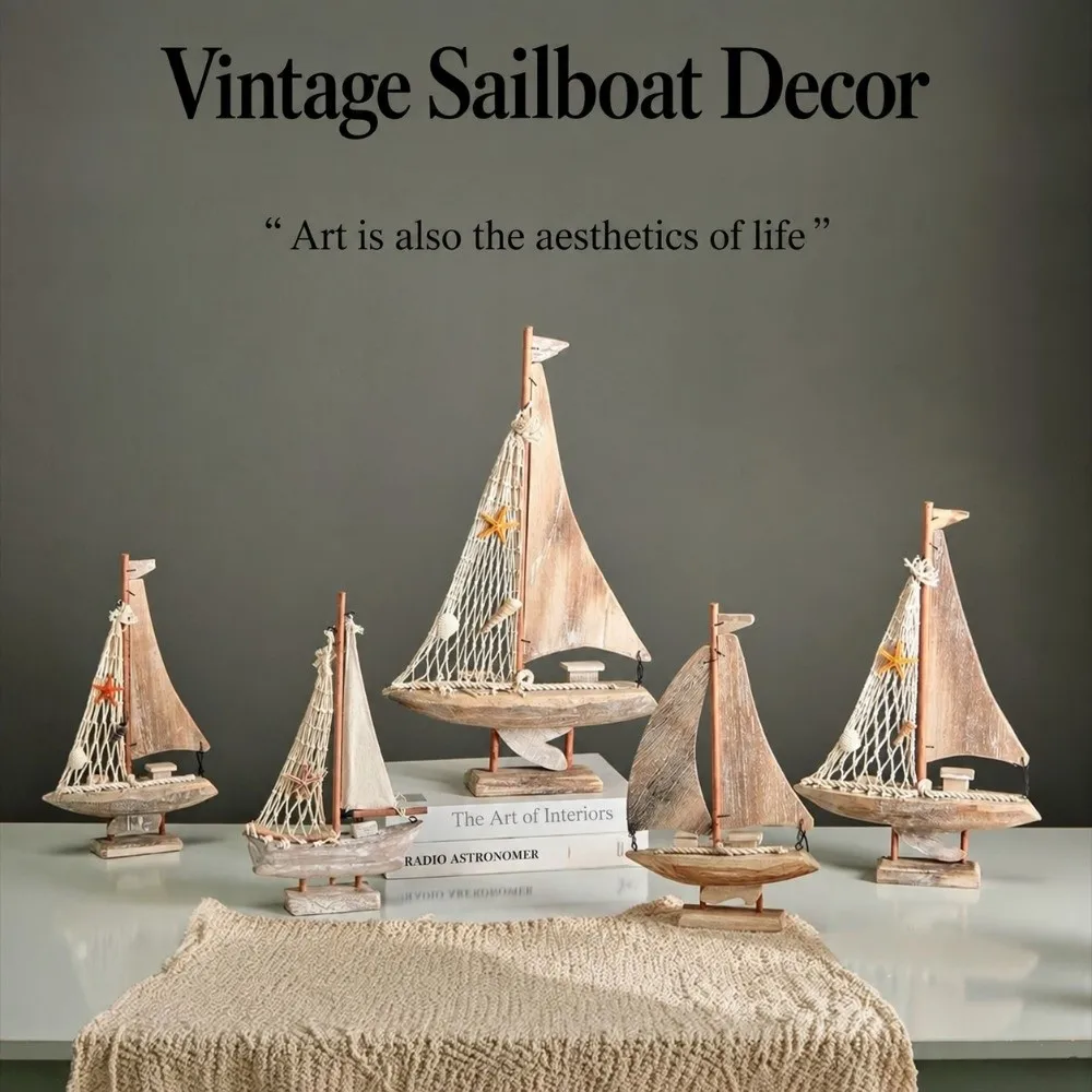 Mediterranean Style Mini Sailboat Model Multi-size Multicolor Wood Sail Boat Model Starfish Conch Wood Desktop Ornament Model
