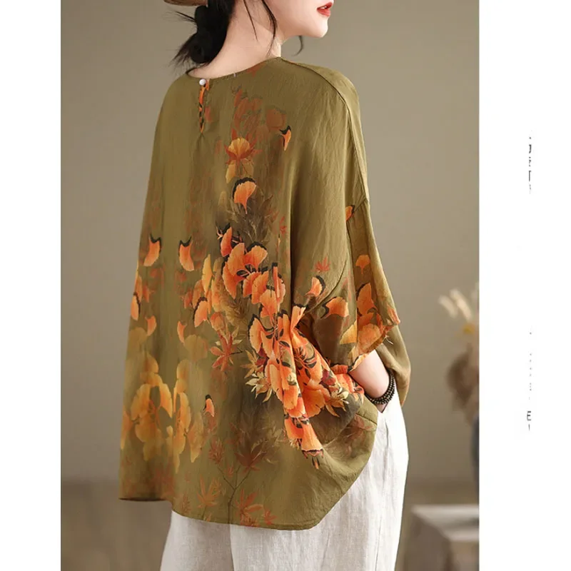 2024 New Women's Summer Printed Crew Neck Spliced Casual Fashion Versatile Commuter Batwing Sleeve Linen Cotton Chiffon Tops