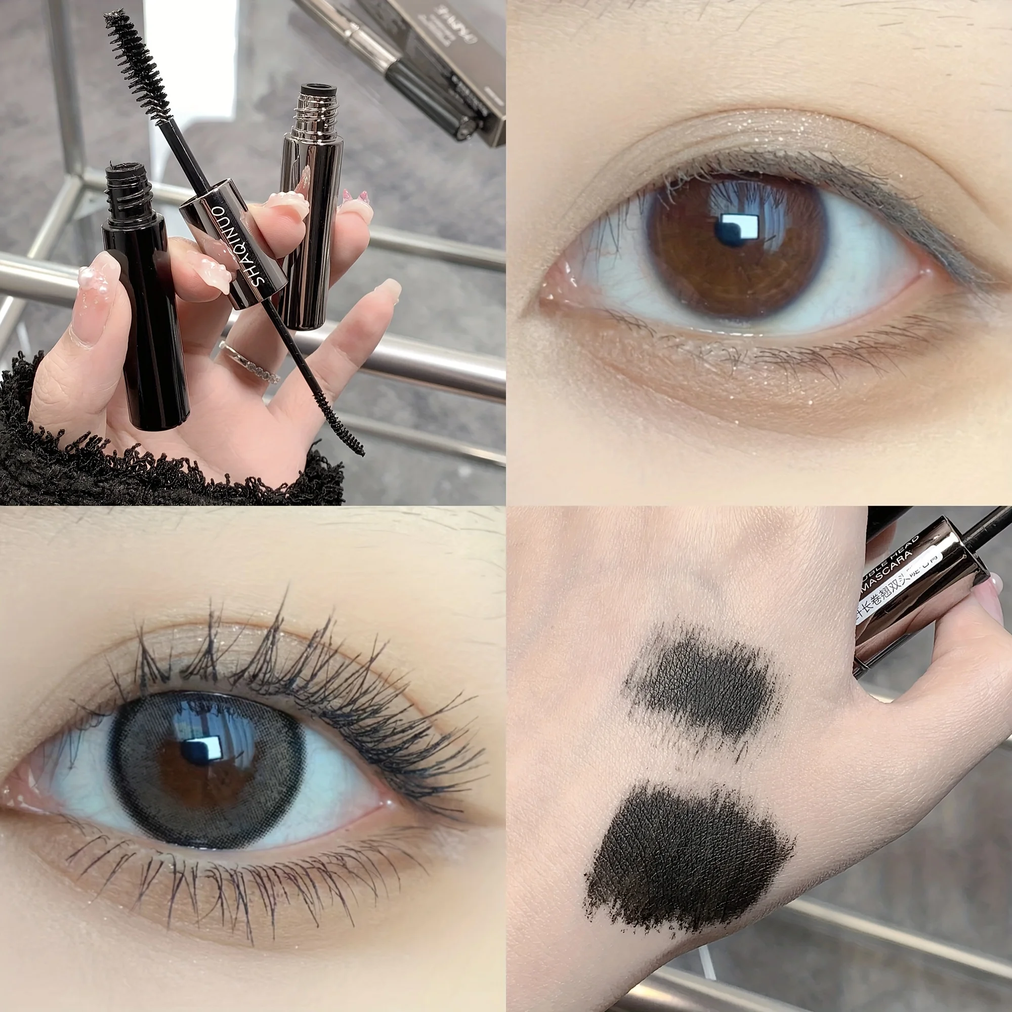 Doppelköpfige Wimperntusche, verlängert, kräuselnd, dick, große Augen halten, Make-up, nicht leicht zu verschmieren, Creme, glatt, wasserfest, schweißbeständig