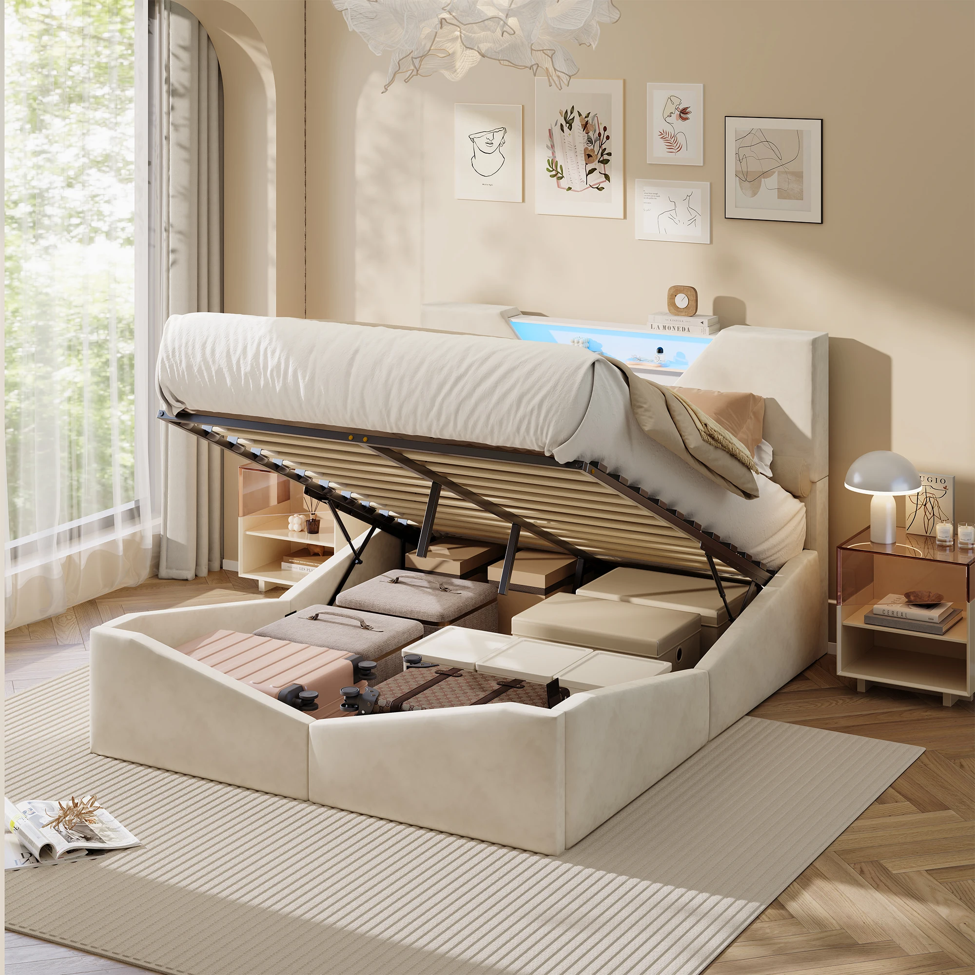 Cama Doble Comanlai, Cabecera con Estantes de Almacenamiento Abiertos Triangulares Invertidos con LED, Cama Hidráulica, con 4 Cajones y Estructura de Listones