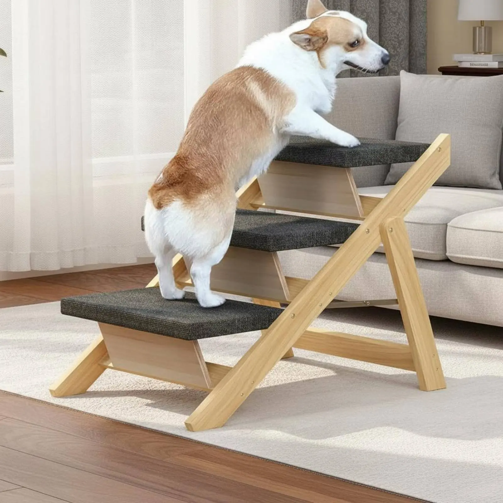 

Transformable Pet Ramp Stairs Sturdy Wood Construction Foldable Pet Stairs Wooden Dog Steps for Small Dogs
