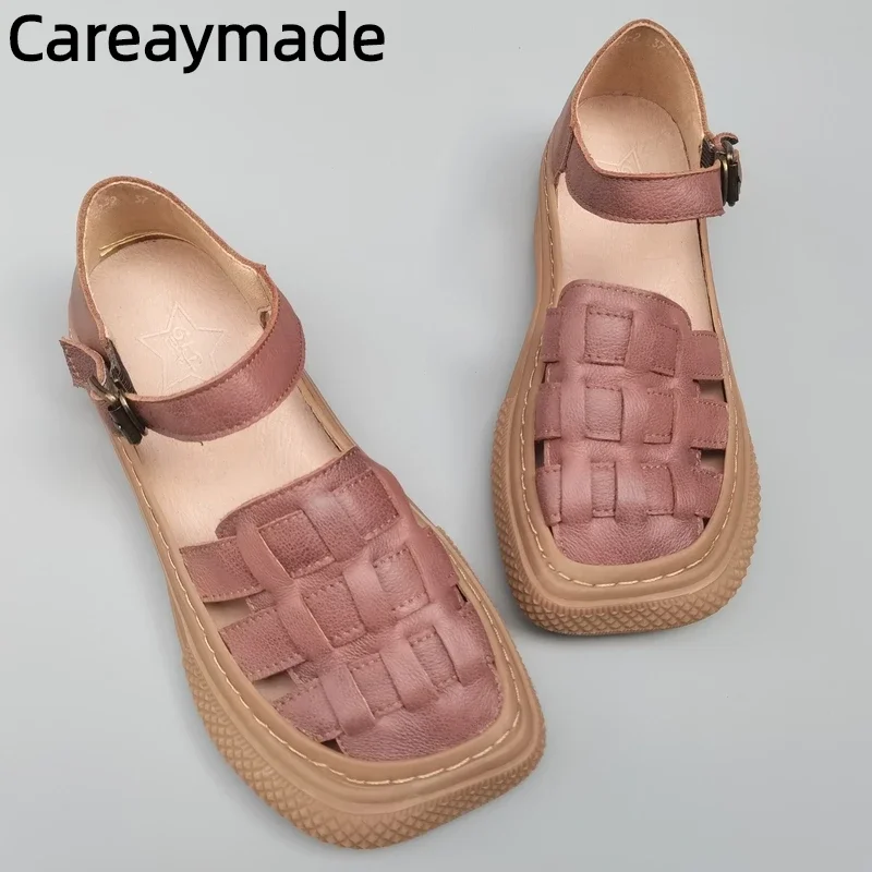 

Careaymade-Genuine Leather pure handmade hollow out woven women's shoes wide big head original single retro summer sandals