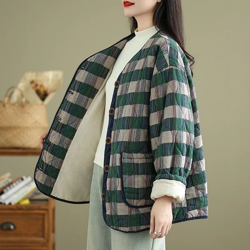 Women Casual Padded Jackets New Arrival 20204 Autumn Winter Vintage Style Plaid Pattern Loose Female Thick Warm Coats B2071