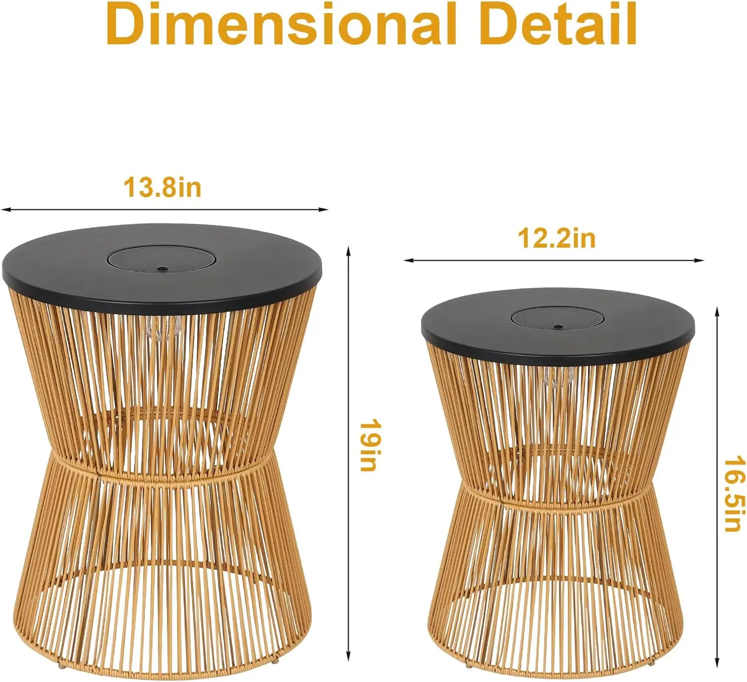 Outdoor Patio, Poolside, Backyard Gazebo - Plastic Rattan Solar Side Table with Dimmable Light, Set of 2, Dusk to Dawn