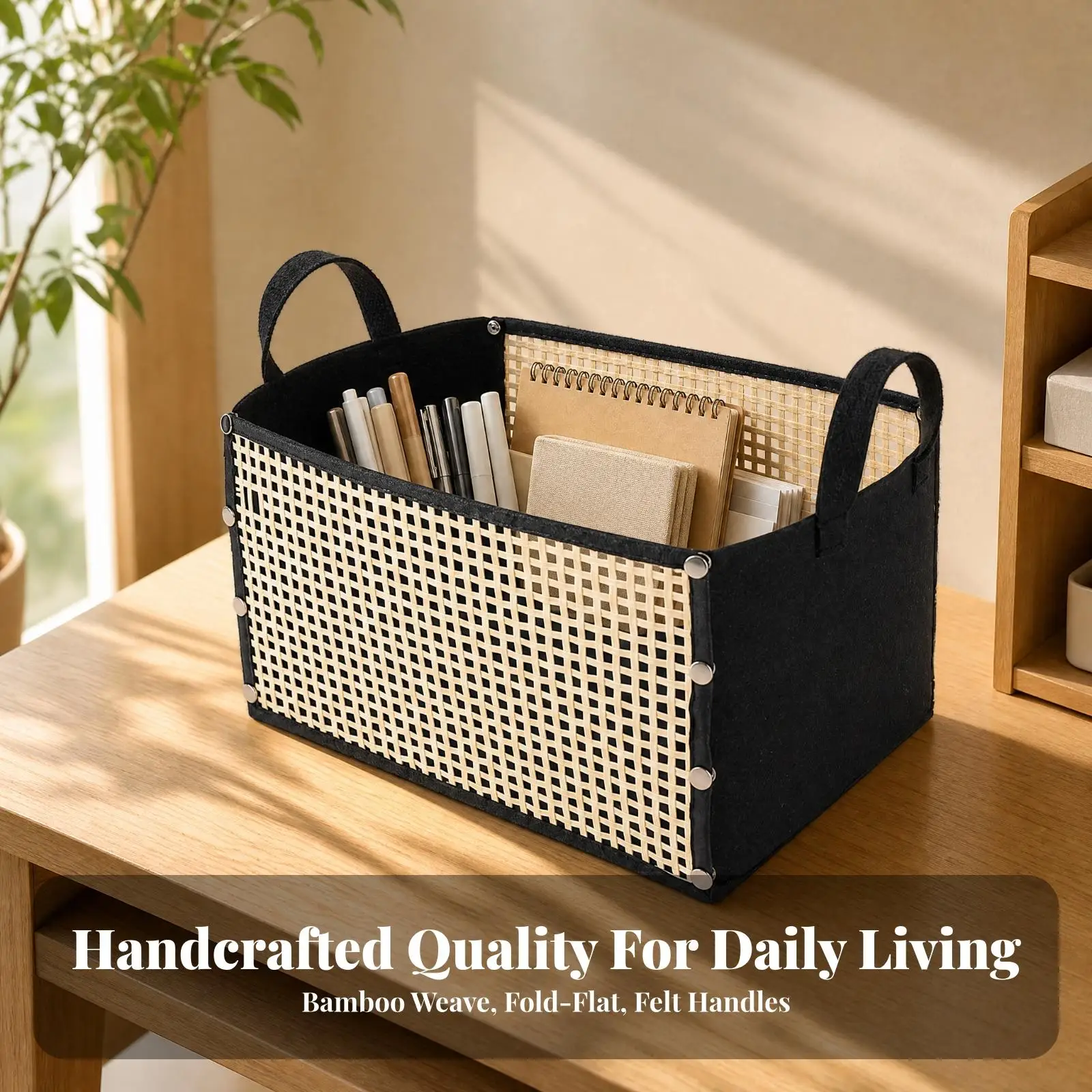 Multi Use Foldable Storage Basket for Laundry Clothes and Household Items with Natural Bamboo Trim