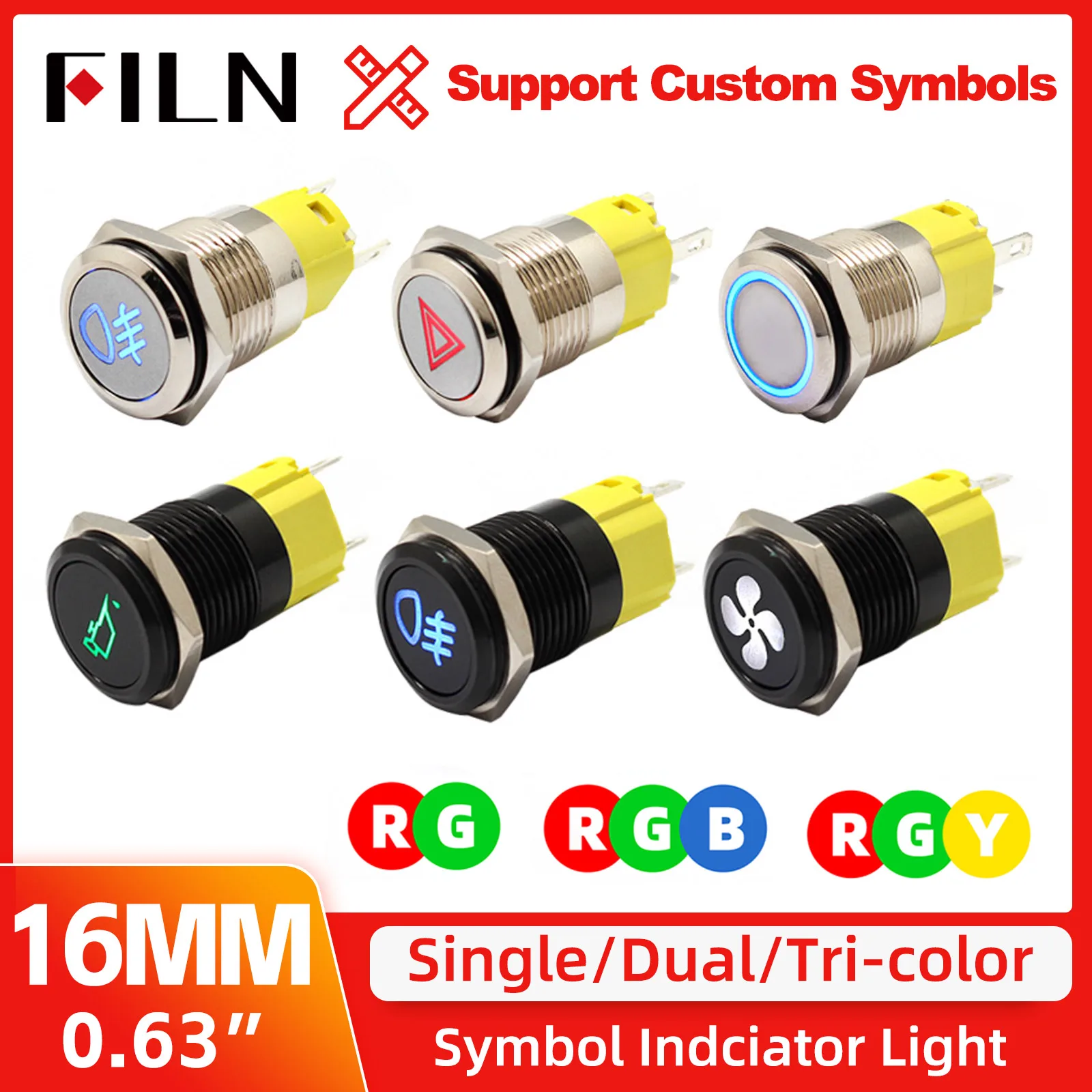 

FILN 16mm 12v 24v Led Car Dashboard Warning Symbol Indicator Light Pilot Lamp Motorcycle Signal Lamp Chrome Black Metal