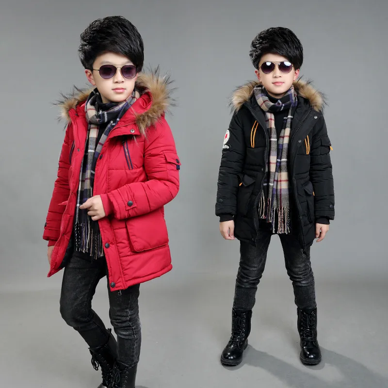 2024 New Big Size Keep Warm Winter Boys Jacket 3-14 Year Fur Collar Thick Hooded Outerwear For Kids Children Outdoor Windbreaker