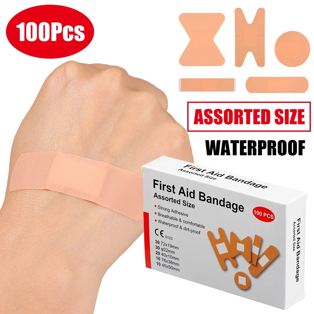 100pcs Variety Shapes Waterproof Bandage Breathable First Band Aid Wound Dressing Medical Tape Wound Plaster Bandaids Pansement