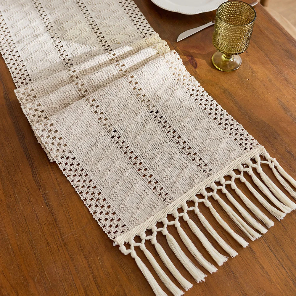 1pc Beige Boho Table Runner with Tassels Hand Woven Cotton Table Runner Rustic Farmhouse Table Runners for Kitchen Dining  Table