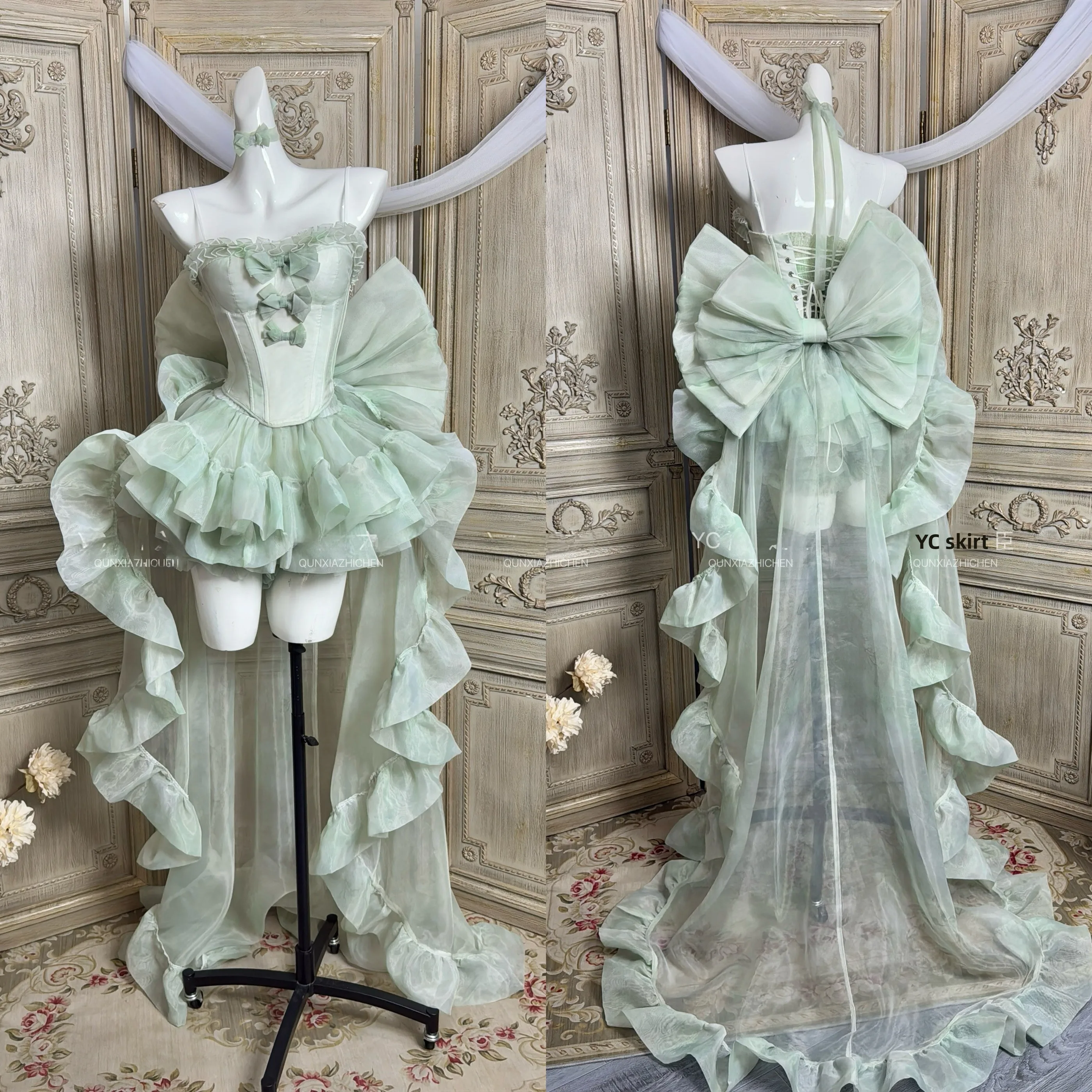 

Detachable Princess Style Long Sleeve Green Birthday Party Dress High Waist Design Cherie Green Ladies Fashion Summer Dress