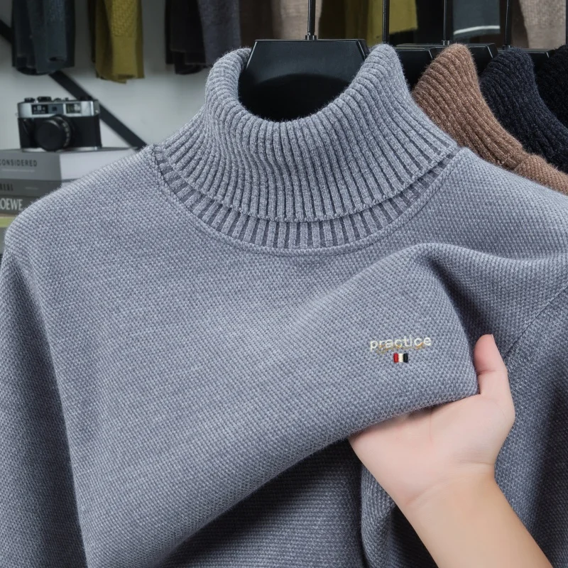 High Quality Letter Embroidered Knitted Men's Pullover Luxury Fashion Brand Autumn Winter Plush Warm Comfort High Neck Sweater