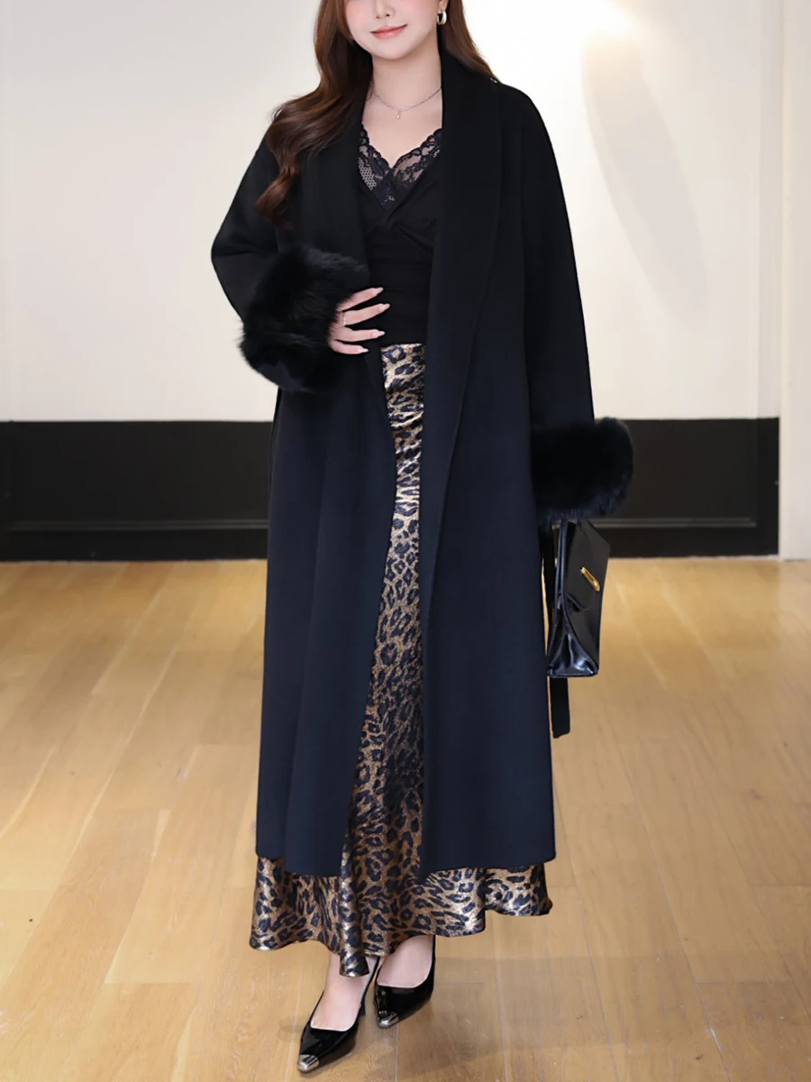 

Plus Size Women's Long Wool Overcoat Premium Double Sided Coat With Real Fox Fur Cuffs French High-end Luxury Coat Winter 9090