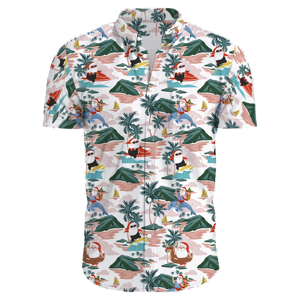 Festive Hawaiian Christmas Carnival Short Sleeve Shirt Men New Year Santa Casual Y2K Tropical Plants Print Beach Aloha Beachwear