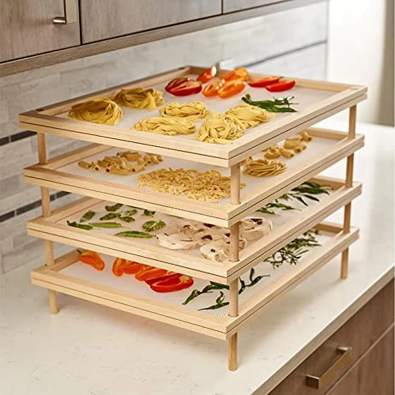 Stackable Food Dryer With Net Wooden Pasta Herb Drying Racks Multipurpose 2-Tier Food-Dryer Holder