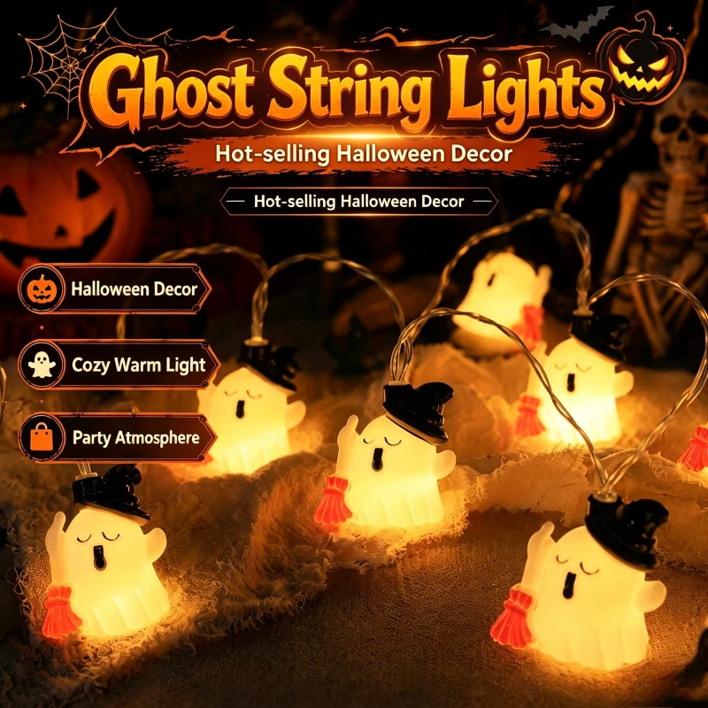Halloween Ghost Broom Lantern String Light Spooky Colorful LED Lamp for Courtyard Terrifying Scene Home Yard Holiday Party Decor