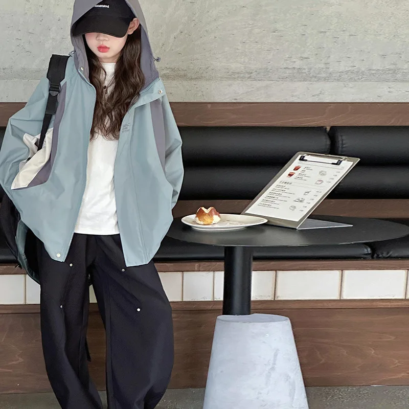 

Children Girls Jacket Autumn Junior Girls Contrast Color Hooded Coat Teenager Girls Long Sleeve Loose Versatile Outerwear