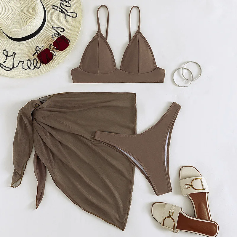 3 Piece Bikinis Set Brown Swimwear with Mesh Cover Up Swimsuits Women 2024 Beachwear Triangle Bikini mujer High Cut Bathing Suit