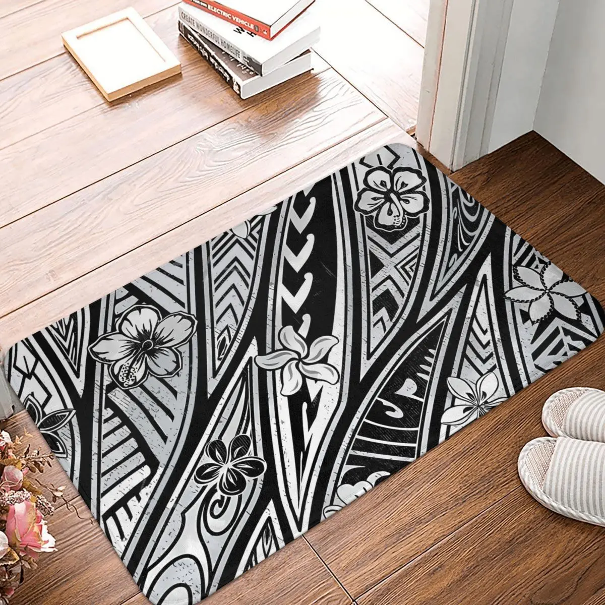 Samoan Non-slip Doormat Vintage Hawaiian Tribal Floral Tattoo Design Bath Bedroom Mat Prayer Carpet Flannel Pattern Decor