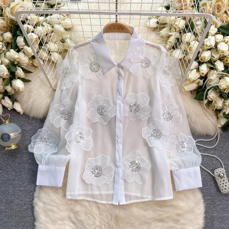 Neploe Heavy Beading Sequin 3D Flower Shirt for Women 2024 Spring New See Through Mesh Blouses Y2k Long Sleeve Blusas Mujer