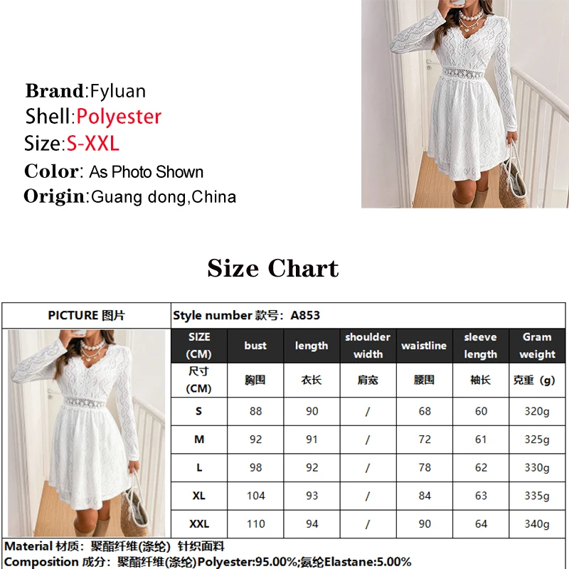 Robe d'été élégante en dentelle pour femmes, blanche, col en V, manches longues, douce, mi-longue, Sexy, taille découpée, vêtements de vacances décontractés, nouvelle collection