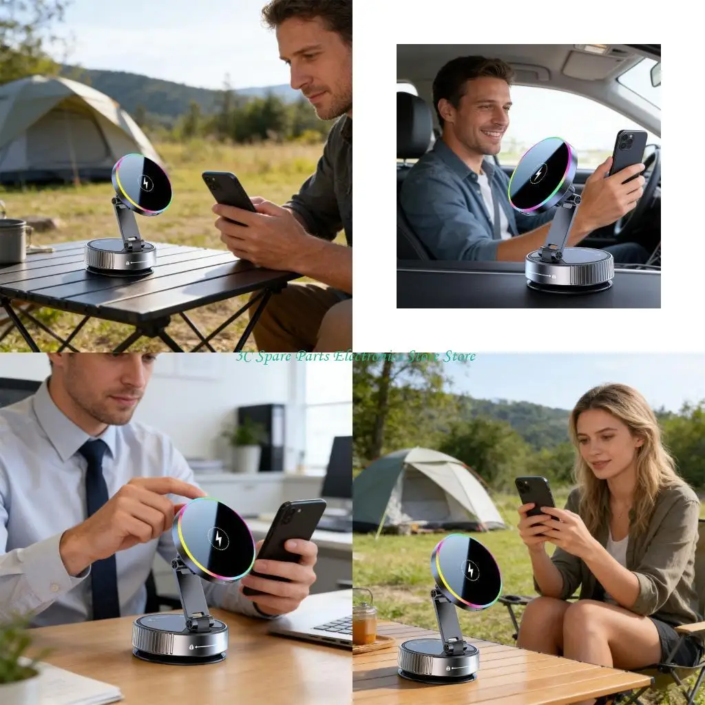 SZ Phone Holder Support For Vehicle With 15W Wireless Charging Vacuum Suction Cup And Multiple Adjustment