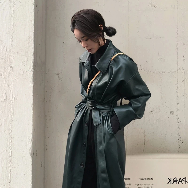 Spring Long Women Pu Leather Jackets Turn Down Collar Female Faux Leather Windbreaker Trench Coats Single Breasted Belt Jackets