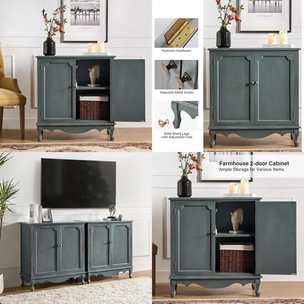 

Antique Style 2-Door Buffet Cabinet with Storage Shelves, Blue Sideboard for Kitchen and Living Room