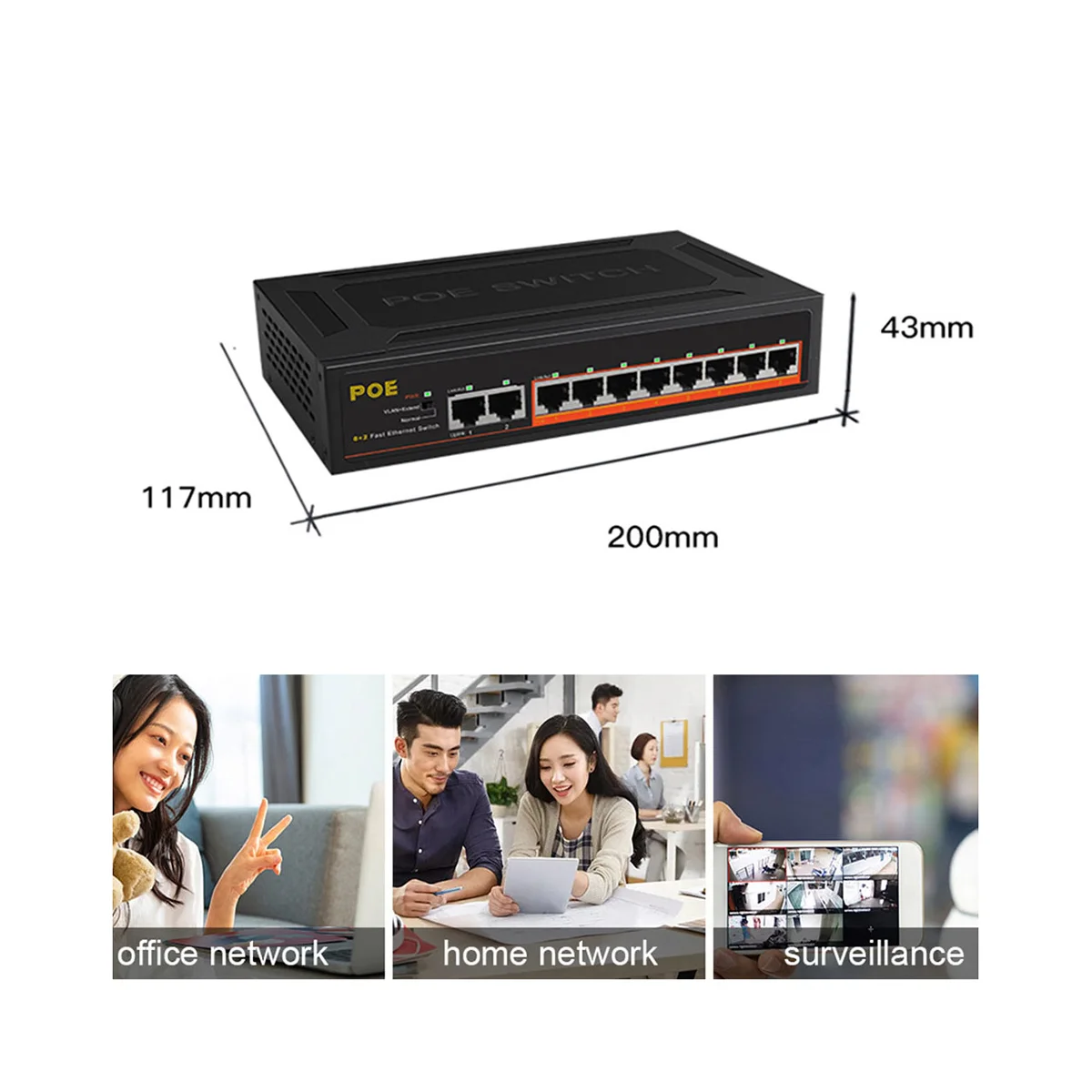 

10 Ports POE Switch 100Mbps Ethernet Smart Switch 8 PoE+2 UpLink Office Home Network Hub Adapter for IP Camera-EU Plug