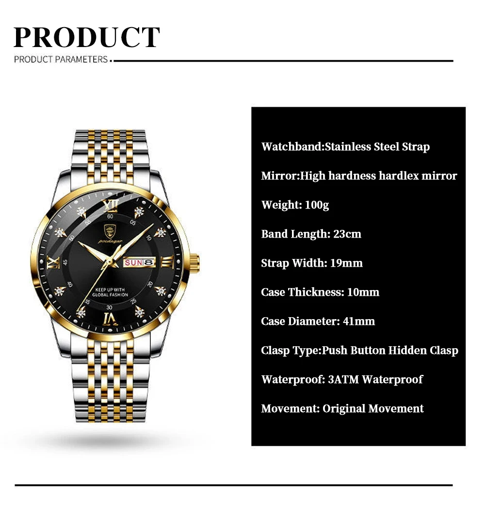 POEDAGAR Top Brand Men Watch Stainless Steel Week Date Waterproof Luminous Watches for Men Luxury Business Quartz Man Wristwatch