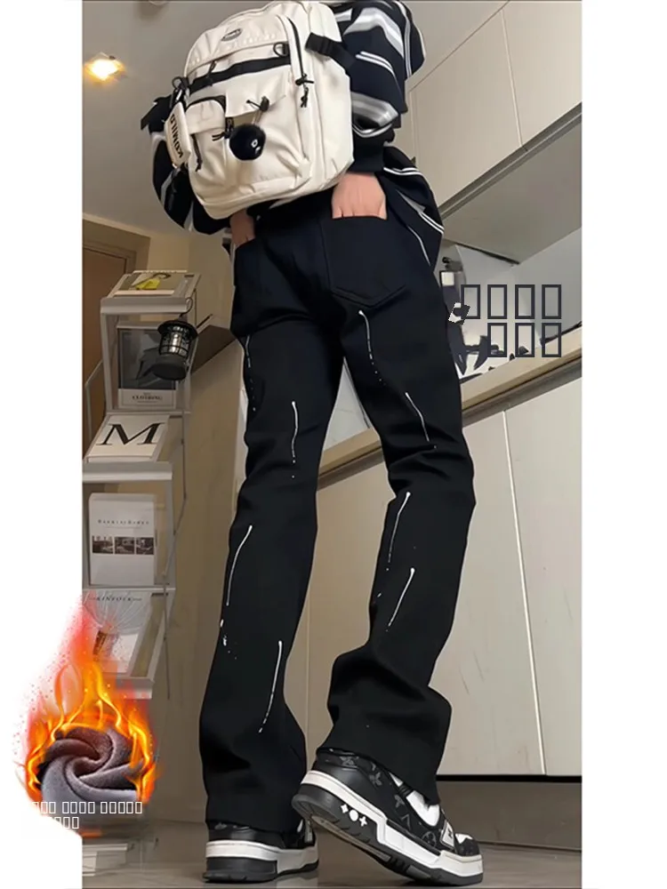 

Thickened Fleece Black Bell Bottom Jeans Men's Spring Autumn American Vibe High Street Slim Fit Elastic Long Pants