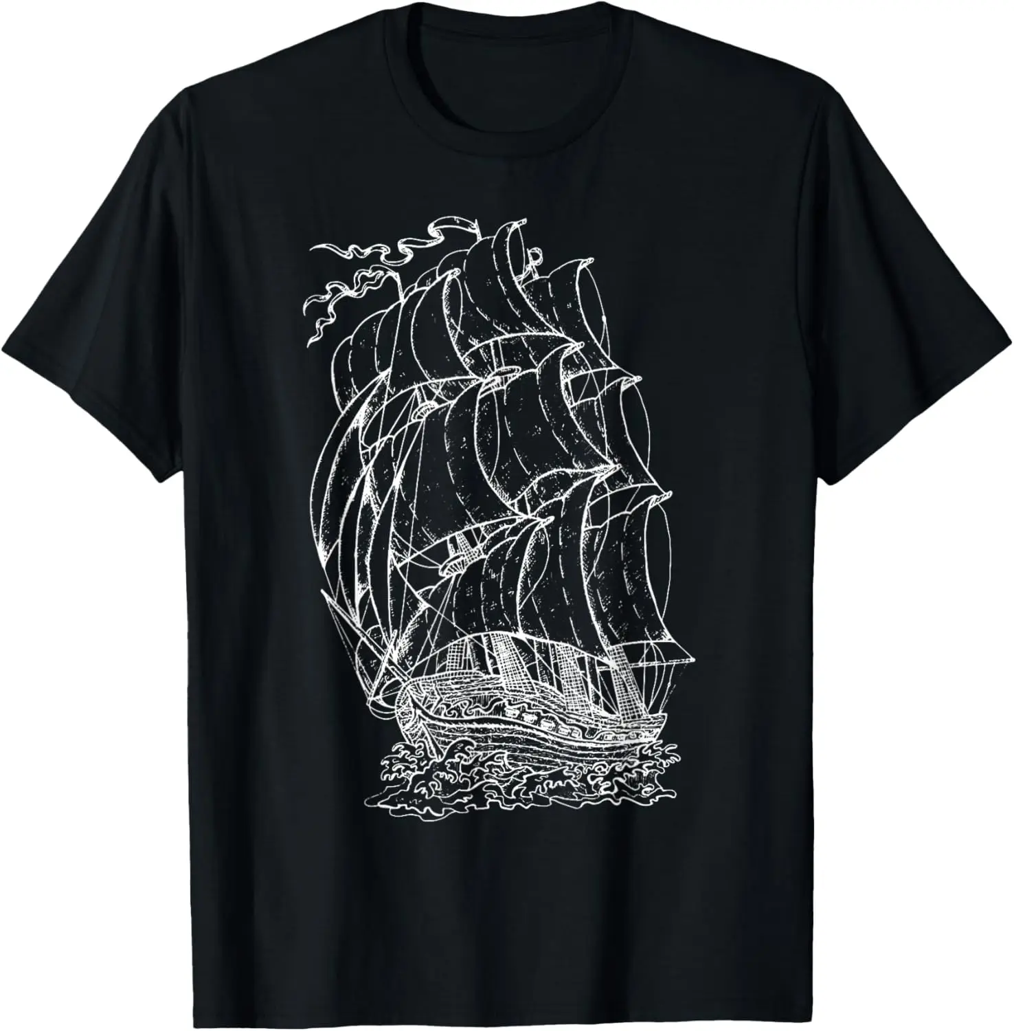 

Vintage Pirate Ship Sailing Boat Graphic T-Shirt Men's Retro Nautical Captain Tee