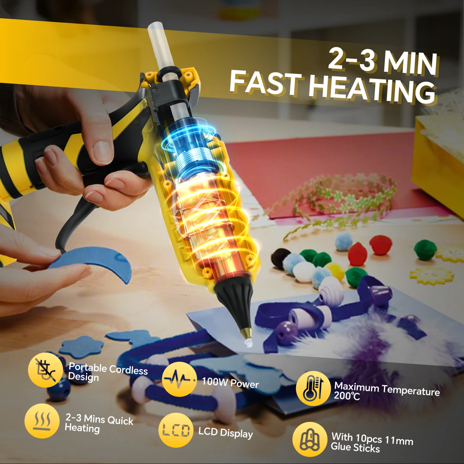 100W Cordless Glue Gun 100℃-200℃ Temp Adjust Digital Display Hot Melt Glue Gun with 10Pcs 11mm Sticks for Dewalt 20V Battery Pin