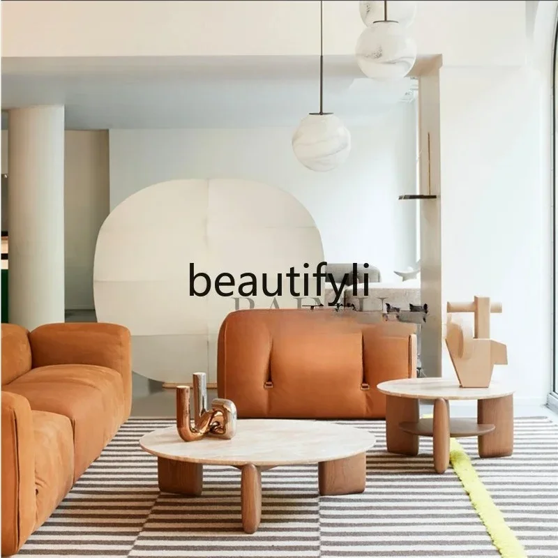 60.Personalized Italian natural marble coffee table household light luxury special-shaped solid wood coffee table combination