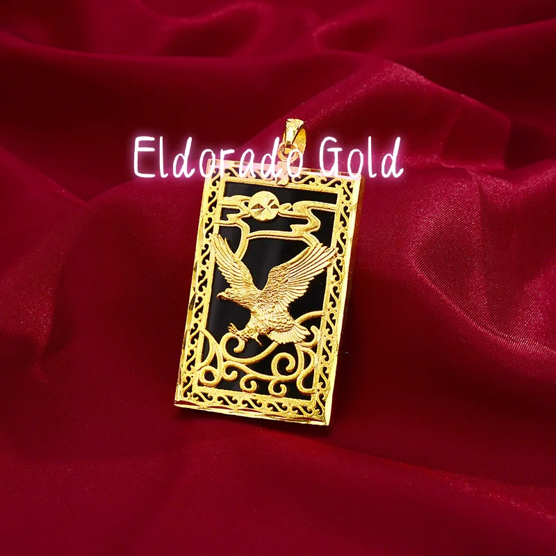 

2025 High-quality 9999 gold pendant frosted necklace 24K real gold domineering man ambitious obsidian eagle pendant men's neckla
