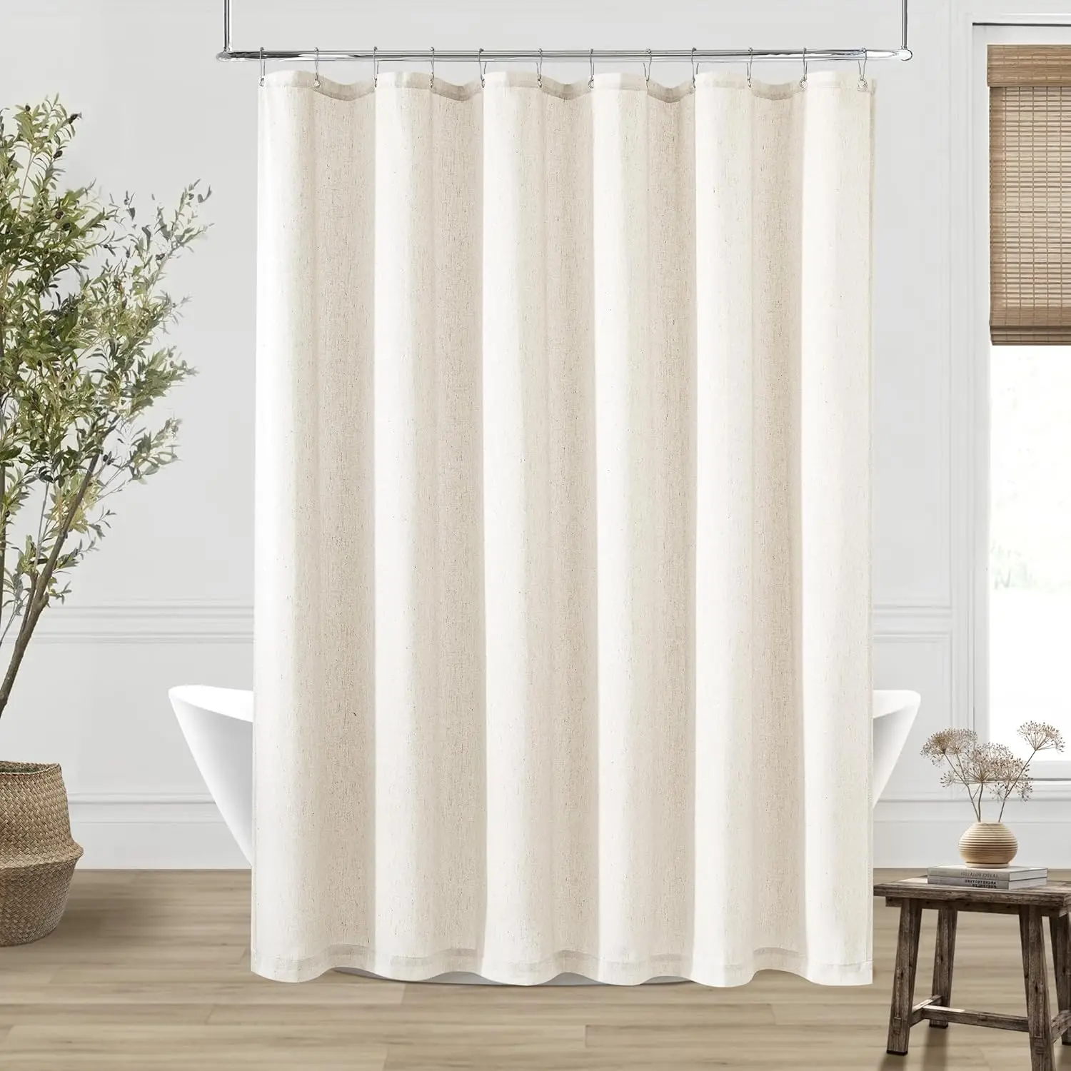 

Extra Long Shower Curtain Linen Water Repellent for Bathroom Boho Farmhouse Natural Ivory Drapes 72x96 Inches with Hooks