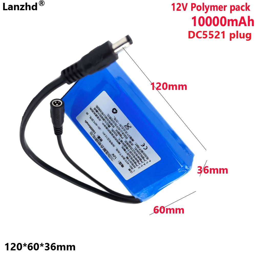 

12V 10Ah Polymer pack 10000mAh For LED lights, speakers, bee-proof suits monitoring fishing lights batteries