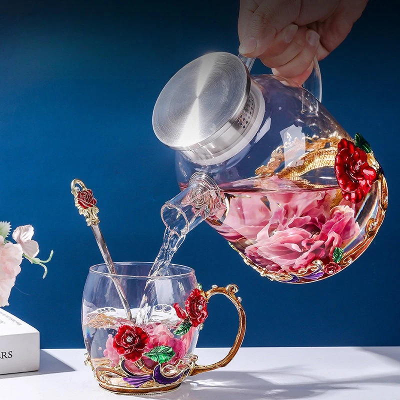 European Red Rose Enamel Flower Tea Glass High Value Household Kettle Coffee Cup Set Gift Box