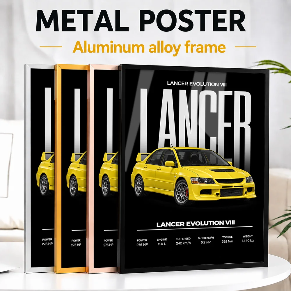 Japanese Lancer Evolution VIII Lightning Yellow Sports Car Framed Metal Print Customized Classic Garage Wall Art For Home Office
