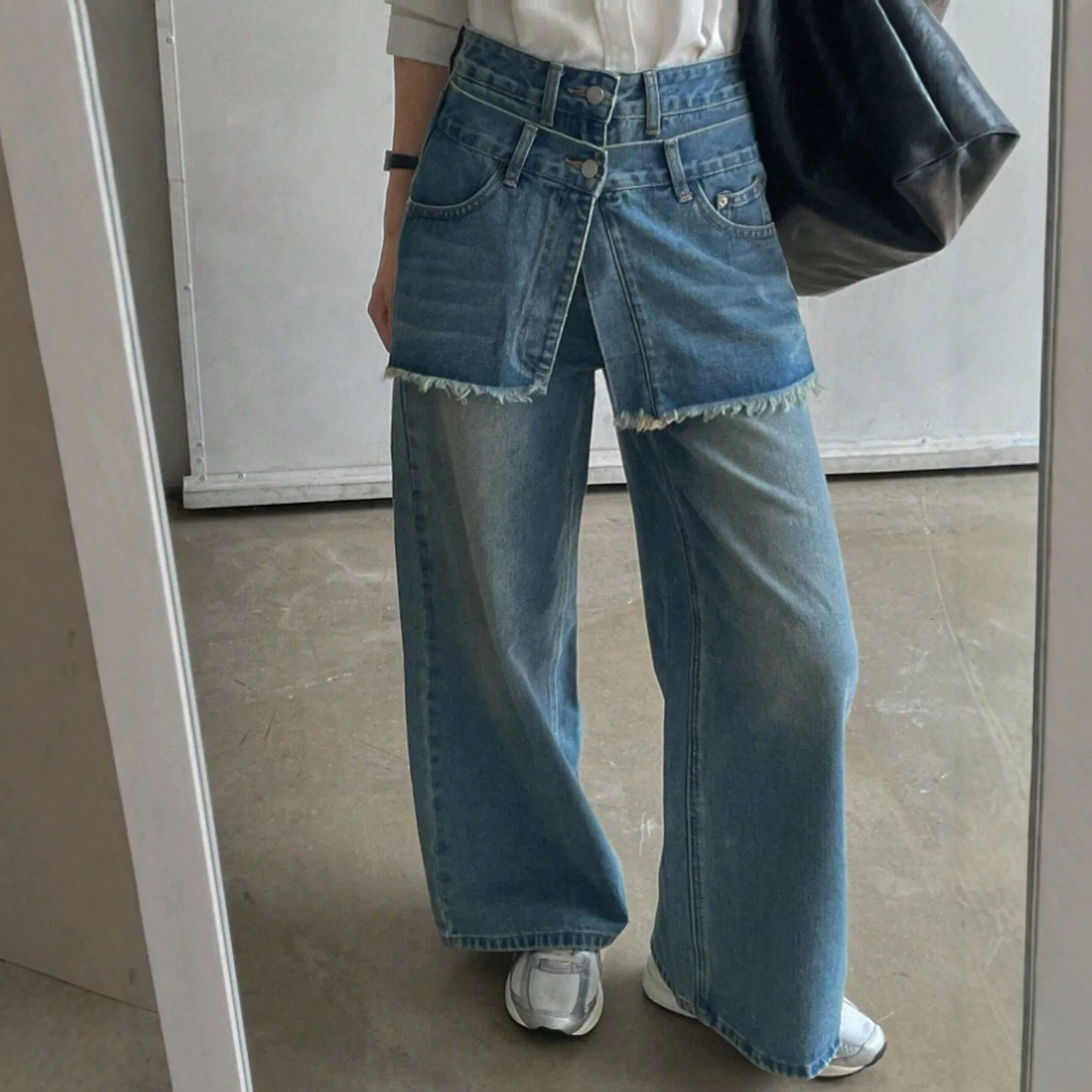 2026 Autumn New Women Fake Two Piece Denim Jeans Raw Edge Layered Wide Leg High Waist Vintage Street Baggy Ladies Trousers