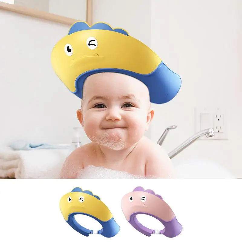 Baby Shower Cap Adjustable Dinosaur Shape Shower Visor Head Eye Ear Shampoo Caps for Kids Ages 6 Months and Up Baby Bath