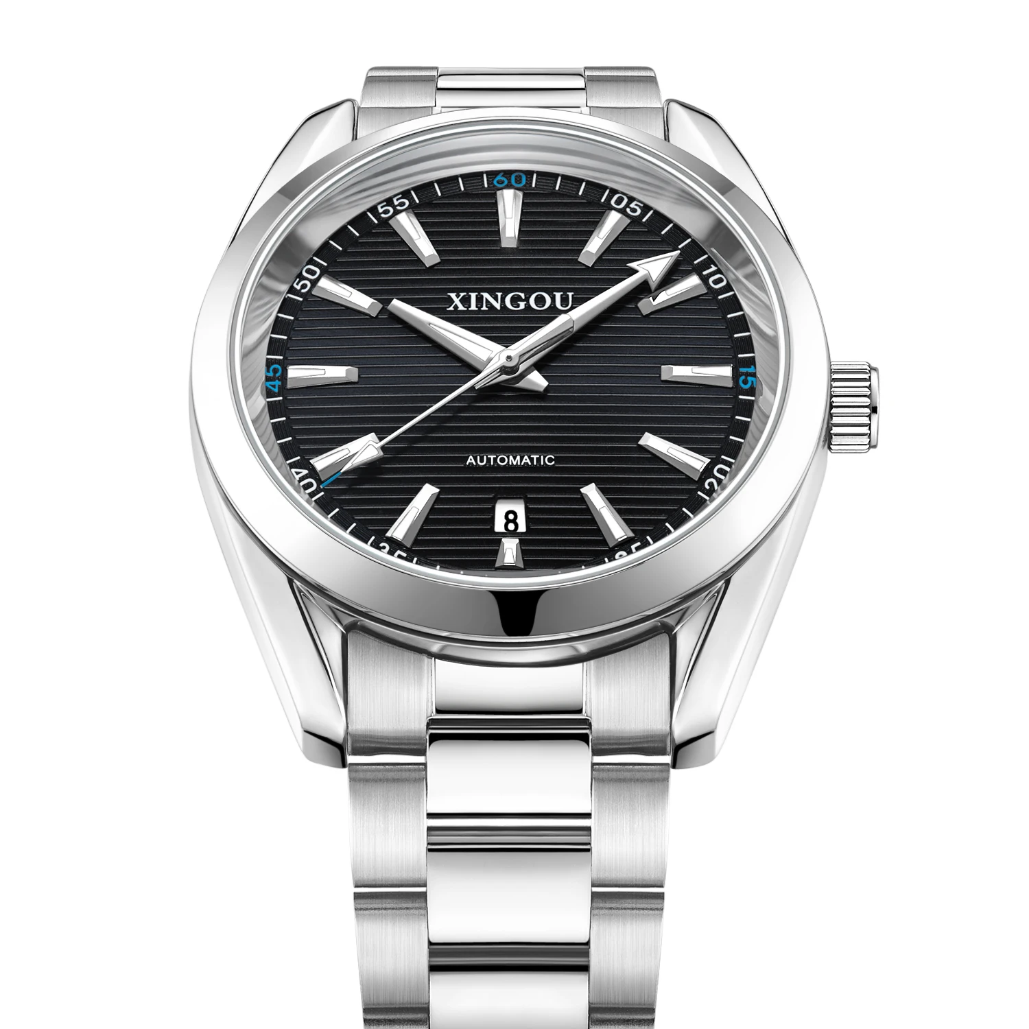 Men's Automatic Mechanical Watch Luminous Hands Date Display Silver Color Metal Bracelet Exhibition Back Dress Wristwatch