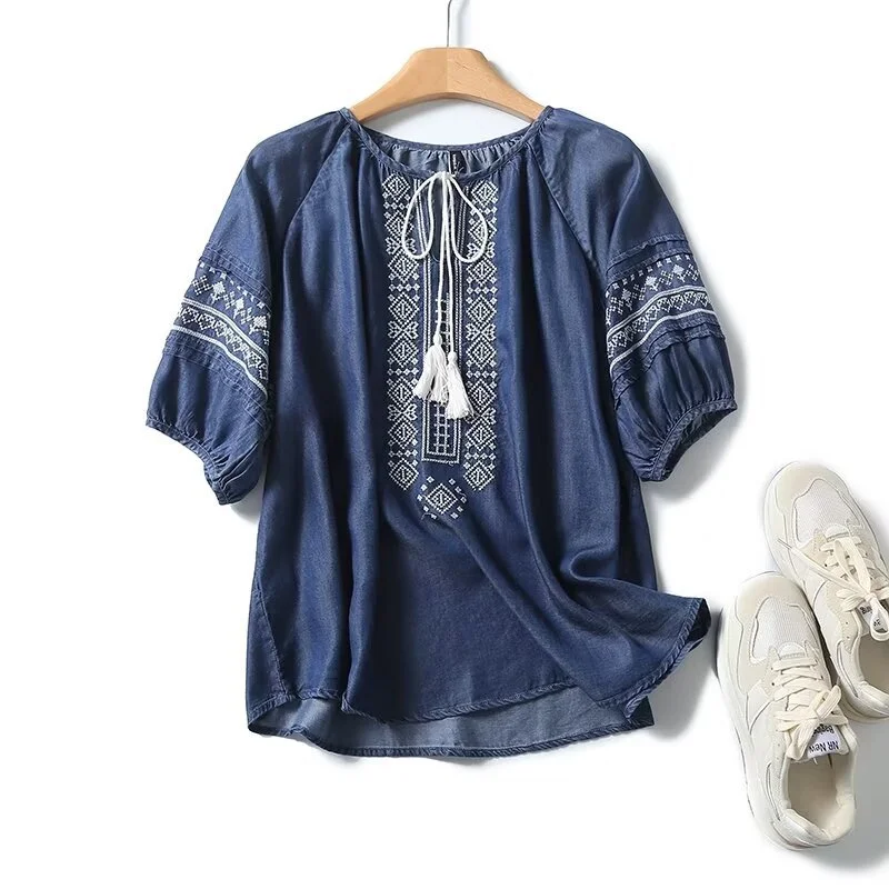 Vintage women\'s shirt ethnic short sleeve embroidery tassels denim blouses luxury tops for occasions boho clothing